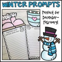 a snowman with a hat and scarf next to two writing papers that read winter propps