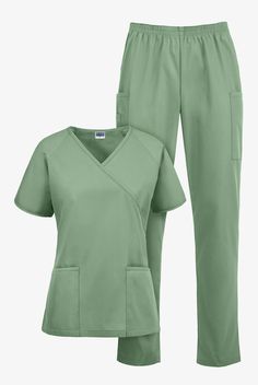 Strictly Scrubs Scrub Top Features: Mock Wrap V-neck, raglan sleeves, 2 patch pockets, back darts, side slits. Strictly Scrubs Scrub Pant Features: Elastic waist, straight tapered style, 2 cargo pockets, 1 cell phone pocket; Regular Inseam is approximately 30 inches, Petite Inseam is approximately 28 inches. Fabric Content: 65 Polyester 35 Cotton.. Strictly Scrubs Women's Classic Scrub Set - Size XL Seaspray Polyester/Cotton Scrubs Women, Vet Scrubs, Medical Scrubs Fashion, Work Aesthetic, Medical Scrubs Outfit, Doctor Scrubs, Nurse Scrubs, Green Scrubs, Nurse Inspiration