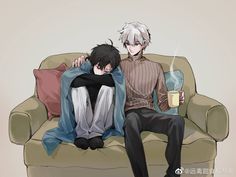 two people sitting on a couch with one holding a coffee cup and the other sleeping