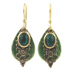 Add some glamour to your outfit with these stunning metal earrings in emerald shades. A genuine green abalone cabochon stone is the focal point atop a filigree design and teardrop base in these artfully designed earrings. Makes a lovely gift for her birthday, anniversary, holiday or just because. | One pair of layered metal drop earrings features green stones, filigree designs and teardrop shapes. | Features 18K gold-plated surgical steel ear hooks. | Hypoallergenic; nickel-, lead- and cadmium-f Silver Forest Earrings, Forest Jewelry, Abalone Earrings, Metal Drop, Dope Jewelry, Filigree Design, Fantasy Jewelry, Accessories Jewelry Earrings, Metal Earrings