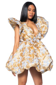 BELLE OF THE BALL BROCADE MINI DRESS Gala Dresses With Ruffles And Puff Sleeves, Glamorous Brocade Party Dress, Gold Puff Sleeve Party Dress, Embellished Blazer, Large Dress, Dresses Party, All The Way Up, Ball Dresses, Plunging Neckline