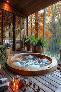 Private hot tub with wood accents surrounded by autumn foliage, offering a peaceful retreat. Autumn Ambiance, Dream Garden Backyards, Hot Tub Room