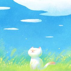 a painting of a cat sitting in the grass looking up at something blue and white