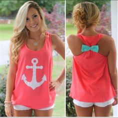 Pink And White Anchor Shirt. With Blue Bow On Back. Super Cute. New In Package Wedding Day Shirts, American Clothes, Wedding Party Shirts, Bachelorette Party Games, Casual Tanks, Bridal Party Shirts, Racerback Top, Sweatshirt Outfit, Gym Clothes