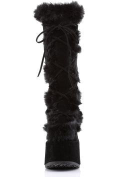 5" Platform Goth Punk Gogo Faux Fur Knee Boot - Fit Guide: True to Size - Heel Height: 5" Heel, 3" Platform - Brand: Demonia - Shown in Women's Sizes - Country of Origin: Imported Punk Platform Boots, Emo Boots, Hologram Shoes, Demonia Boots, Concert Wear, Alternative Shoes, Demonia Shoes, Scene Outfits, Leather Knee Boots