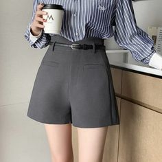 Professional Chic High-Waist Shorts – Thekittenpark Office Lady Short Bottoms For Spring, Solid Workwear Shorts With Pockets, Short Spring Bottoms For Office Lady, Fitted Belted High-waisted Shorts, Belted High-waisted Shorts For Work, Chic Office Shorts, Chic Belted Shorts For Work, Elegant Office Shorts With Pockets, Chic High Waist Shorts For Office