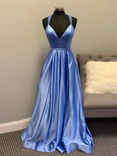 A-line Prom Dress With Sweep Train, V-neck Prom Ball Gown With Fitted Bodice, A-line Prom Gown With Sweep Train, Homecoming Satin Dress With Sweep Train, Satin Homecoming Dress With Sweep Train, A-line Ball Gown With Sweep Train For Prom Season, A-line Bridesmaid Dress With Sweep Train, A-line Gown With Sweep Train For Prom, Satin Dress With Sweep Train For Homecoming