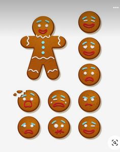 ginger cookies with different emoticions on them, and the faces are drawn to look like they're crying