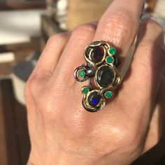 sterling silver mesmerizing natural Blue red fire opal band ring 8 Opal Band Ring, Opal Band, Gold Light, Black Rhodium, Green Onyx, Red Fire, Multi Stone Ring, Rutilated Quartz, Natural Opal