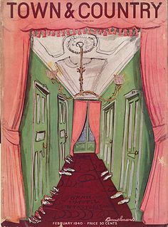 the cover of town and country magazine, featuring an illustration of a hallway with pink curtains