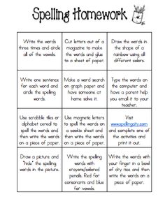 spelling homework worksheet for students to practice spelling and word work in the classroom