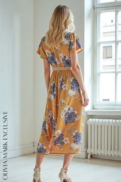 Olivia Mark - Elegant Mustard Floral Wrap Midi Dress with Flutter Sleeves and Beaded Waistband Short Sleeve Dresses With Sashes For Spring, Fitted Belted Dress With Flutter Sleeves, Bohemian Dress With Elastic Waistband And Short Sleeves, Dress With Flutter Sleeves, Wrap Midi Dress, Floral Wraps, Flutter Sleeves, Olivia Mark, Flutter Sleeve