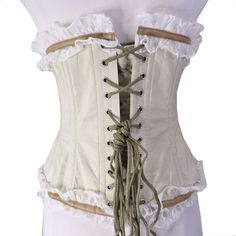 Feel like a princess in this Elizium underbust corset. Steel boning adds structure and shape for a regal silhouette, with a long line for a dramatic effect. This couture corset is perfect for creating your own commanding look at your next Renaissance faire, wedding, or Victorian event. Heavy duty steel boned corset with metal front busk closure and lace up back. Beige Taffeta, cream lace with White cotton twill lining. Modesty Panel. Has 6 garter loops for garter straps (Straps not included). Ma Waist Cincher Corset, Modesty Panel, Steel Boned Corsets, Corset Waist, Underbust Corset, Waist Cincher, Cream Lace, A Princess, Fashion Clothes