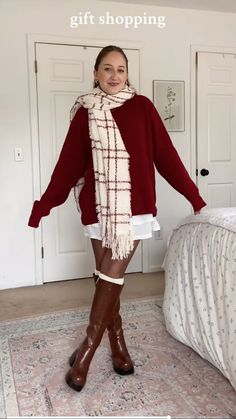 Cute Winter Bday Outfits, Christmas Outfit Astethic, Christmas Outfit Ideas For Women Cold Weather, Rush Winter Outfits, Cabin Christmas Outfit, Casual Christmas Morning Outfit, Red Xmas Outfit, Christmas Dressy Outfit, Christmas Fits Ideas