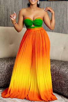 Material 		Polyester 	 	 		Pattern Type 		Gradient Color 	 	 		Element 		Hollow Out, Backless, Pleated, Patchwork 	 	 		Neckline 		Strapless 	 	 		Elastic 		Yes(Elastic) 	 	 		Sleeve Length 		Sleeveless 	 	 		Fit Type 		Loose 	 	 		Profile 		Speaker 	 	 		Type 		Patchwork 	    	 		Size(in) 			Bust 			Waist 			Length 			Hips 	 	 		S 		31.5	 		26.8	 		55.1	 		35.4	 	 	 		M 		33.1	 		28.3	 		55.5	 		37	 	 	 		L 		35.4	 		30.7	 		55.9	 		39.4	 	 	 		XL 		37.8	 		33.1	 		56.3	 		41.7	 	 	 		2XL 		40.2	 		35.4	 		56.7	 		44.1	 	 	 		3XL 		42.5	 		37.8	 		57.1	 		46.5	 	   Tips: Due to the many variations in monitors, the color in the image could look slightly different, please take physical design and color shall prevail. Please allow 0.4"-1" differs due to manual measurement. Bandeau Jumpsuit, Tube Jumpsuit, Outfits Dress, Loose Jumpsuit, Jumpsuit Pattern, Type Of Pants, Wide Leg Jumpsuit, Fall Outfits Women, Waist Length