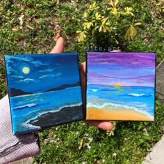 two paintings are shown in the palm of someone's hand, one is painted with acrylic paint