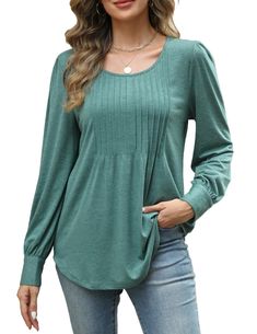 PRICES MAY VARY. 【Great Features】： long sleeve shirts for women,fall tops for women,Cute pleated front design,basic tunic tops to wear with leggings,smocked sleeve tops for women 【Material】：This basic long sleeve shirt for women fashion is made of 76% Polyester, 19% Viscose, 5% Spandex. The fabric offers unparalleled comfort and a distinctive look for an exceptional wearing experience. 【Matches】：pair this fall outfits with jeans,leggings,pants,skirts,it can be wear casually or dressed up effortl Fall Tops With Smocked Cuffs And Relaxed Fit, Spring Long Sleeve Tops With Smocked Cuffs, Casual Fall Blouse With Smocked Cuffs, Casual Blouse With Smocked Cuffs For Fall, Long Sleeve Blouse With Smocked Cuffs And Relaxed Fit, Casual Solid Blouse With Smocked Cuffs, Relaxed Fit Long Sleeve Blouse With Smocked Cuffs, Casual Fall Tops With Smocked Cuffs, Fall Lantern Sleeve Tops With Smocked Cuffs