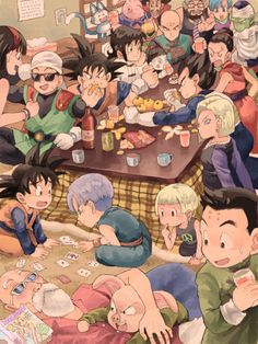 an anime scene with many people sitting at a table eating food and drinking beer while others watch