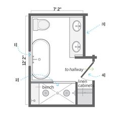 a bathroom floor plan with measurements for the bathtub and shower area, including an overhead toilet