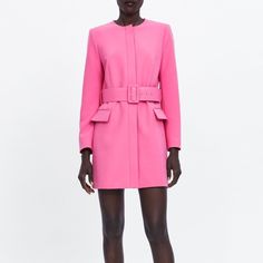 Love Love Color! Polished Look While Still Fun And Feminine Elegant Pink Daywear Outerwear, Fitted Belted Pink Outerwear, Chic Knee-length Outerwear For Daywear, Chic Knee-length Outerwear With Pockets, Zara Feminine Outerwear For Work, Feminine Zara Outerwear For Work, Frock Coat, Zara Jackets, Love Love