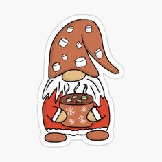 a sticker with an image of a gnome holding a hot chocolate cake in his hands