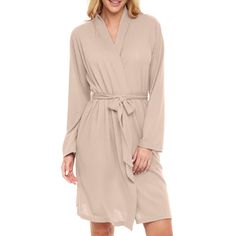 This soft, lightweight knit bathrobe for women from Alexander Del Rossa is comfortable, durable, and classy. Made from a premium fabric that is light, soft, durable. The fabric of this robe will not shrink and the colors have been tested extensively and do not bleed. Robe features wrap around front with banded collar, narrow sleeves, deep onseam pockets and belt loops. Length is just below the knee. Cream Long Sleeve Robe For Loungewear, Cream Long Sleeve Loungewear Robe, Solid Color Long Sleeve Robe For Loungewear, Beige Relaxed Fit Robe For Loungewear, Relaxed Fit Beige Robe For Loungewear, Long Sleeve Comfortable Robe For Relaxation, Comfortable Long Sleeve Robe For Relaxation, Comfortable Long Sleeve Relaxation Robe, Cream Long Sleeve Robe For Sleep