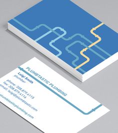 two business cards with blue and yellow lines on the front, one is for plumbing