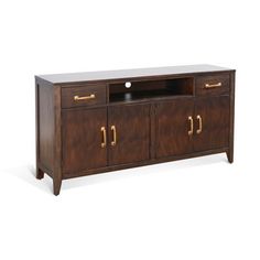 a wooden entertainment center with brass handles