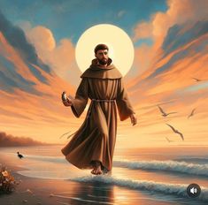 a painting of jesus walking on the beach with birds in the sky and clouds above him