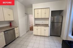 an empty kitchen with stainless steel appliances and white cabinets, before and after remodeling