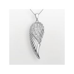 Heavenly beauty. This angel wing pendant lends graceful splendor to any outfit with its sparkling round-cut diamonds and textured sterling silver feathers. Coordinate this stunning pendant with new diamond earrings for radiant style. Heavenly beauty. This angel wing pendant lends graceful splendor to any outfit with its sparkling round-cut diamonds and textured sterling silver feathers. Coordinate this stunning pendant with new diamond earrings for radiant style. Pendant comes in a gift box. Details: 1/10-carat total weight Color I-J Clarity I2-I3 1 1/2-in. pendant 18-in. chain Spring-ring clasp Sterling silver Image(s) may be enlarged to show detail. Diamond weights are approximate. Diamond total weights may vary between .01 and .08 ct. Some diamonds have fewer than 17 facets. Gemstones m Diamond Angel, Silver Angel Wings, Angel Wing Pendant, Diamond Necklaces, Silver Feather, Round Cut Diamond, Angel Wings, Spring Rings, Round Cut