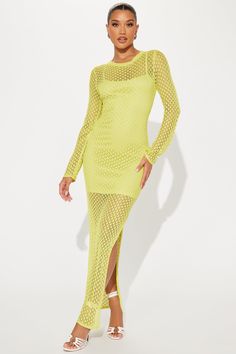 Available In Black, Chartreuse, Nude, And Peach. Crochet Maxi Dress High Neck Long Sleeves Detached Slip Lining Stretch Shell: 70% Viscose 30% Polyester Lining: 100% Polyester Imported | Eileen Crochet Maxi Dress in Chartreuse size Medium by Fashion Nova Chartreuse Fashion, Dress High Neck, Crochet Maxi Dress, Crochet Maxi, High Neck Long Sleeve, Matching Dresses, Clothes For Sale, Dresses For Sale, Fashion Nova