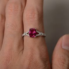 This is a gorgeous handmade creation. Its beauty is its simplicity & Elegance. The 6*8mm cushion cut lab ruby is crafted in sterling silver with rhodium plated. It's made to order and it will take about 7-10 days to make it. All item is sent in a beautiful gift box You can realize more lovely stuff clicking the link https://www.etsy.com/shop/knightjewelry?refshopsection_shophome_leftnav Please leave the correct address and you phone number for delivering successfully. Fine Jewelry Ruby Ring Cushion Cut For Gift, Cushion Cut Ruby Ring With Prong Setting As Gift, Silver Wedding Ruby Ring With Cushion Cut, Silver Ruby Ring With Cushion Cut For Wedding, Gift Ruby Ring With Accent Stones Cushion Cut, Cushion Cut Ruby Ring Gift, Cushion Cut Ruby Ring For Wedding In Silver, Cushion Cut Ruby Ring As A Gift, Gift-ready Cushion Cut Ruby Ring With Accent Stones