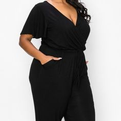 Bell Sleeve Jumpsuit With Drawstring Waist, Pockets And Banded Ankle Fabric: Heavy Rayon Spandex Content: 96% Polyester 4% Spandex 1x Size Bust 42-44 Waist 33-36 Hip 43-45* 2x Size Bust 45-47 Waist 37-40 Hip 45-47 3x Size Bust 48-50 Waist 41-44 Hip 48-51 *Measurements Are Approximates, Please Use As A Guide Only. Fitted Black Jumpsuits And Rompers With Tie Waist, Black Fitted Jumpsuit With Tie Waist, Tencel Pants, Olive Green Romper, Linen Overalls, Short One Piece, Polka Dot Jumpsuit, Black Playsuit, Long Sleeve And Shorts