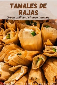 These vegetarian tamales de rajas con queso (green chile and cheese tamales) are filled with strips of jalapeños and sliced cheese. They are the easiest tamales to make during the holidays, any special occasion or when you simply are craving tamales. Green Chili Cheese Corn Tamales, Chile Relleno Tamales, Spinach Tamales Recipe, Cheese And Pepper Tamales, Diy Tamales How To Make, Green Chile Cheese Tamales, Cheese And Jalapeno Tamales, Jalapeño And Cheese Tamales