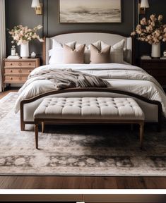 a large bed sitting on top of a wooden floor