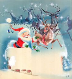 a painting of santa claus and his reindeers