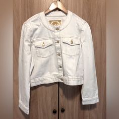 Short And Collarless White Jeans Jacket Can Work As Luxury Denim Bolero Addition To Any Classic Or Feminine Outfit. It’s Absolutely New, With Tags. Size Xl Fitted White Denim Jacket With Button Closure, Michael Kors Fitted Spring Outerwear, Fitted Michael Kors Casual Outerwear, Michael Kors Casual Spring Outerwear, White Denim Jacket With Snap Buttons For Work, White Denim Jacket For Workwear, White Denim Jacket For Work, White Jeans Jacket, Denim Bolero