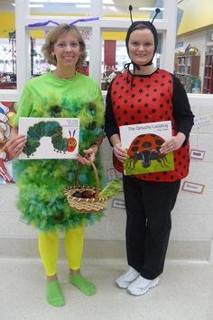 two women dressed as the very hungry caterpillar and ladybug holding books