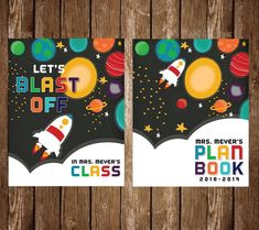 two book covers with an image of space shuttle and planets on them, one has the words let's blast off