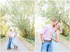 an engaged couple standing in the middle of a road