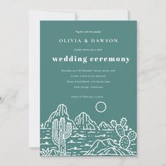 a wedding ceremony card with cactus and mountains in the background