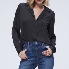 Black Button Down Caprice Shirt By Paige Sleek Black Top With Button Closure, Versatile Black Button-up Blouse, Black Versatile Blouse With Button Closure, Sleek Black Blouse With Button Closure, Black Button-up Blouse For Everyday, Classic Black Blouse With Button Closure, Black Everyday Collared Blouse, Classic Black Button-up Blouse, Classic Black Tops With Back Button Closure