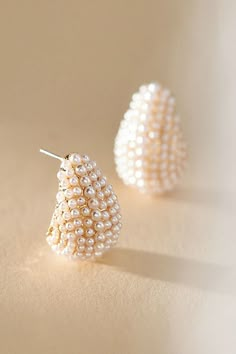 Elegantly shaped and adorned with classic pearls make Petra the perfect pair of earrings to accompany your special-day look. | Petra Pearl Earrings by Serefina in Gold, Women's , Gold/Faux Pearl/Plated Brassat Anthropologie Unique Wedding Earrings, Drop Earrings Pearl, Large Stud Earrings, Pearl Bridal Jewelry, Pearl Earrings Wedding, Gold Bridal Earrings, Bride Earrings, Bridesmaid Accessories, Bride Accessories