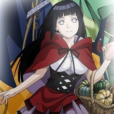 an anime character holding a basket with vegetables in it