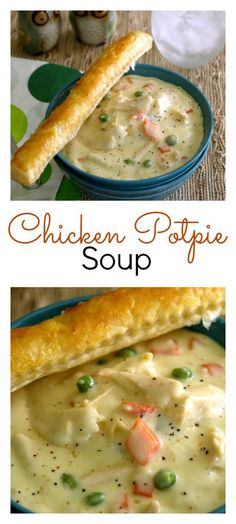 chicken pot pie soup recipe with bread on the side and in a blue bowl next to it