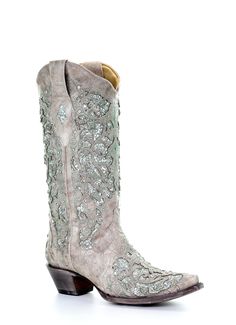 PRICES MAY VARY. Stunning Elegance: Beautiful white boot adorned with glitter inlay, intricate embroidery, and carefully placed crystals; perfect for special occasions All-Day Comfort: Smooth leather lining, cushioned leather insole, and a 2-inch stacked heel provide maximum comfort Premium Craftsmanship: Made from high-quality cowhide with a 13" shaft height and sturdy pull-on straps Versatile Style: Elegant snip toe design complements wedding dresses and other formal outfits Durable Build: Leather outer sole with a rubber heel cap ensures long-lasting wear Cowgirl Boots Wedding, Classic Black Boots, Country Shoes, Leather Cowgirl Boots, Bota Country, Wedding Shoes Comfortable, Handcrafted Boots, Wedding Boots, Corral Boots