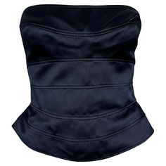 1990s Thierry Mugler Navy Satin Panelled Strapless Bustier Silk Corset Top For Sale at 1stDibs Silk Corset Top, Cutout Skirt, Strapless Corset Top, Vintage Bustier, Silk Corset, Runway Gowns, Pink Trench Coat, Strapless Bustier, Stunning Tops