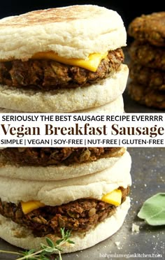 three burgers stacked on top of each other with the words, seriously the best sausage recipe ever vegan breakfast sausage