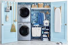 three pictures of the inside of a washer and dryer in a room with blue walls